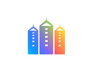 A vibrant, geometric illustration showcasing three stylized buildings in a spectrum of colors, set against a white backdrop