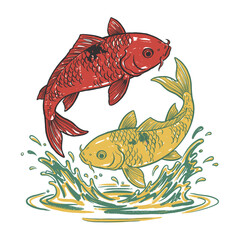 Retro Koi Fish Vector Art.Jumping Carp Illustration.Japanese Tattoo Design.Vintage Fish Logo Badge.Red and Yellow Koi Splash