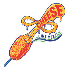 Corn Dog Cheese Melt Logo.Street Food Vector Art.Retro Mozzarella Stick Design.Dripping Fried Snack Art.Fun Food Mascot Badge