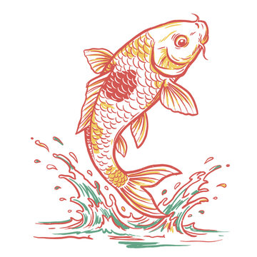 Jumping Koi Fish Sketch.Vintage Carp Illustration.Lucky Japanese Koi Art.Retro Fish Jumping Logo.Hand Drawn Water Splashing