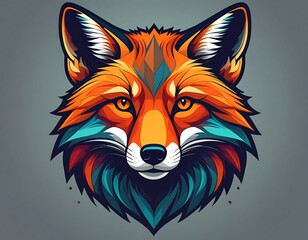 A vibrant geometric illustration of a fox's head with a rich color palette and sharp lines, set against a muted grey background