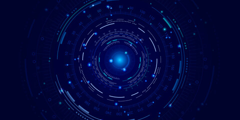 Abstract blue digital interface background with glowing circles and data gauges. For tech, sci-fi, or digital presentations. Clean, modern, high-tech aesthetic.