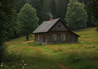 Obraz premium A rustic wooden dwelling surrounded by natural landscape, embodying self-sufficiency and simple living on rural acreage ,dwelling ,woods ,serene