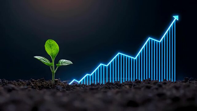 Green plant sprouting from soil beside rising digital chart showing sustainable business growth investment progress and environmental finance concept