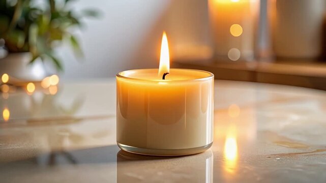 Candlelight Ambiance: A solitary candle illuminates with a warm, inviting glow, casting gentle light and creating a serene atmosphere on a polished surface.
