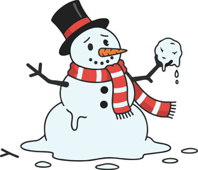 Vector illustration of a sad cartoon snowman wearing a top hat and red striped scarf, melting into a puddle while looking at a dripping snowball.