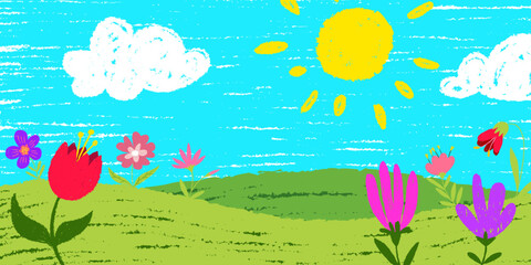 Fototapeta premium Crayon garden hand drawn by kid. Vector realistic illustration of color chalk flowers, green lawn, bright sun and clouds in blue sky, child pastel landscape, happy childhood background, summer nature