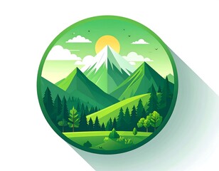 A vibrant, geometric landscape scene, featuring rolling hills, towering mountains, lush trees, and a radiant sun, all enclosed in a green circle