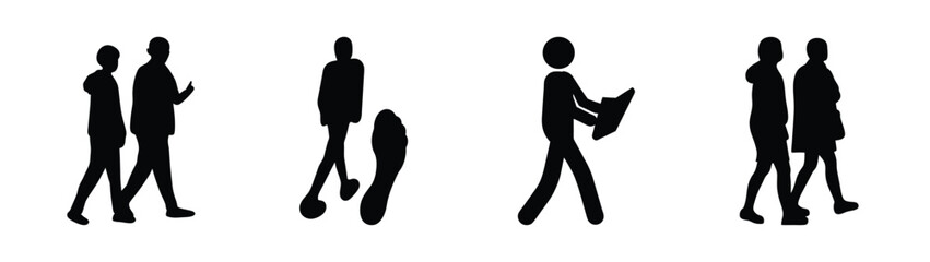 Diverse silhouettes of people walking, representing daily activities and movement