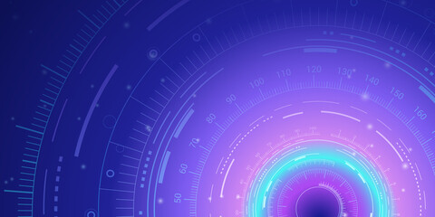 Abstract futuristic gradient background with glowing circular HUD elements in purple and cyan. For tech presentations, NFT art or gaming UI.