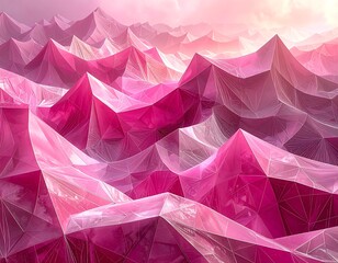 A vibrant, geometric landscape of faceted, pink crystalline formations, set under a glowing, ethereal pink and peach sky