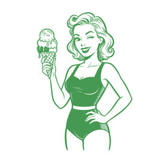 Retro Pin-up Girl Vector.Summer Ice Cream Lady.Vintage Winking Woman.Beach Swimsuit Character.Classic Dessert Mascot