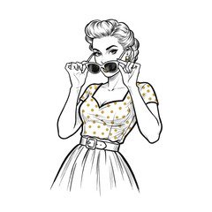 Retro Pin Up Girl with Shades.Vintage Woman Line Art.Pop Art Diva Drawing.Sunglasses Girl Sketch.Classic Fashion Beauty