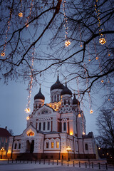 Alexander Nevsky Cathedral in Tallinn illuminated at blue hour with festive winter lights