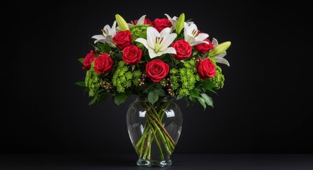 Fototapeta premium A stunning, professionally arranged bouquet featuring vibrant roses, lilies, and greenery in a clear vase, emphasizing freshness and artistry, vase, modern, rose