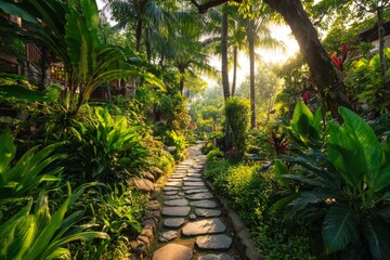 Obraz premium Stone pathway winding through a lush tropical garden illuminated by gentle sunlight.