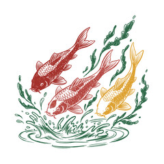 Three Koi Fish Sketch.Vintage Japanese Carp Art.Hand Drawn Water Splash.Retro Style Fish Badge.Red and Gold Koi Swimming