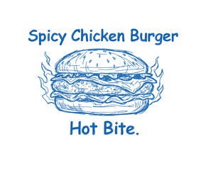 Spicy Chicken Burger Sketch.Hand Drawn Hot Fast Food.Flaming Burger Doodle Art.Vintage Style Chicken Sandwich.Restaurant Logo Concept
