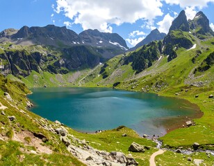 A vibrant glacial lake mirrors the surrounding jagged peaks and lush, green terrain under a bright, sunny sky