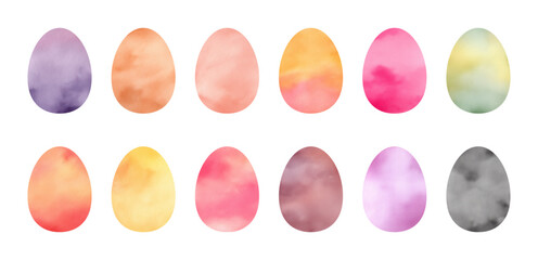 Vector collection of watercolor Easter eggs in soft pastel colors, hand painted style decorative egg set isolated on transparent background for spring holiday designs