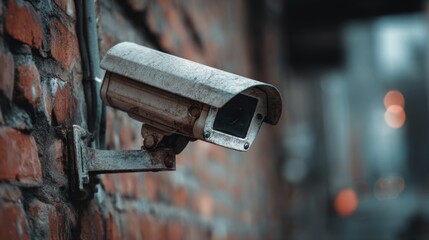 Vintage Security Camera Mounted on Brick Wall with Blurred Urban Background and Subtle Bokeh Effect for Surveillance and Safety Themes