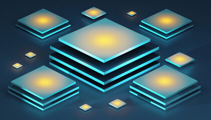 Abstract Geometric Digital Blocks with Glowing Yellow Centers.