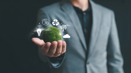 Businessman holding green earth with environmental icons and light bulb hand