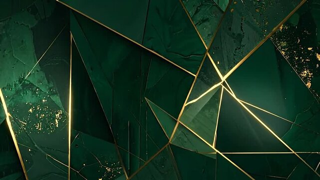 A geometric composition in emerald green with golden lines, suggesting an abstract gemstone