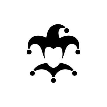 A laughing joker or court jester face with a traditional hat and bells, rendered in a bold black and white vector style, ideal for gaming or entertainment.