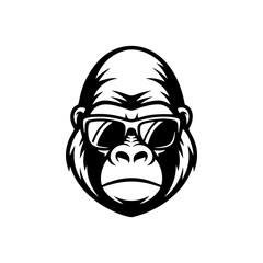 A cool, bold black and white vector logo of a gorilla or monkey's face wearing sunglasses, ideal for a contemporary brand, music label, or trendy apparel design.