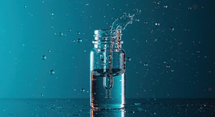 Close-up studio shot of a tiny clear glass container holding cosmetic liquid, surrounded by dynamic, frozen water droplets ,macro, cosmetic, dynamic