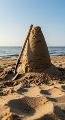 Construction tool resting near a detailed sandy turret structure on a wide sunlit beach with water in the background during summer ,plastic ,ocean ,structure