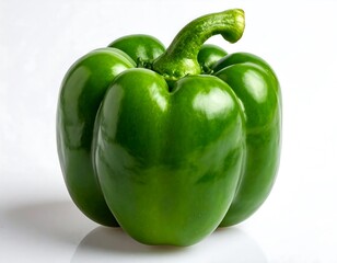 A vibrant, glossy green bell pepper is centrally placed against a clean white backdrop, showcasing its smooth skin and curled stem