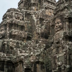 Detailed view of the massive stone facade of an ancient, soaring religious structure, highlighting intricate carvings and monumental size, historic, basilica, detailed