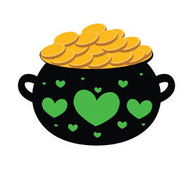 Vibrant St Patricks Day pot of gold brimming with shiny coins and decorative green hearts illustration