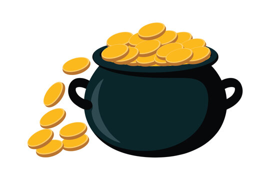 Pot of gold vector illustration with numerous golden coins spilling from a dark cauldron symbolizing wealth and prosperity
