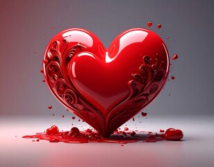 A vibrant, glossy red heart is embellished with intricate swirls, surrounded by smaller hearts and liquid spills