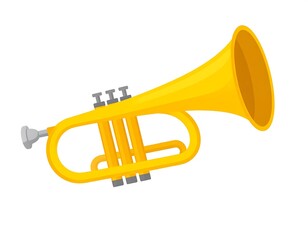A vibrant golden brass instrument, likely a trumpet, is angled. Its parts include valves, a mouthpiece, and a bell, against a white backdrop