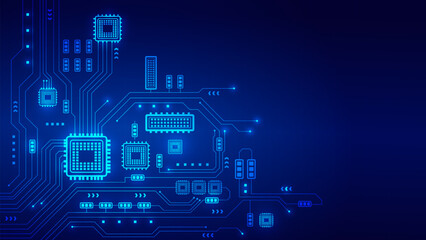 Futuristic blue technology background with glowing digital circuit board lines and microchips