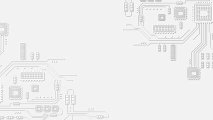 White circuit board background with embossed technology lines and geometric microchip patterns