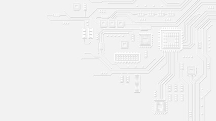 White circuit board background with embossed technology lines and geometric microchip patterns