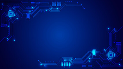 Futuristic blue technology background with glowing digital circuit board lines and microchips