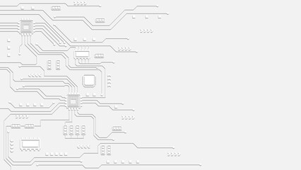 White circuit board background with embossed technology lines and geometric microchip patterns