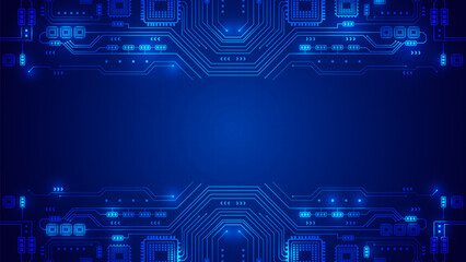 Futuristic blue technology background with glowing digital circuit board lines and microchips