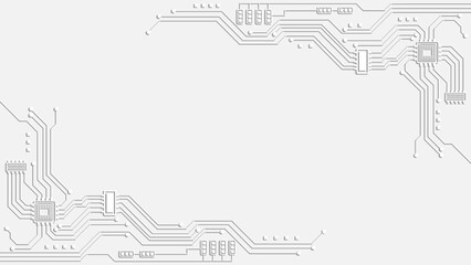 White circuit board background with embossed technology lines and geometric microchip patterns