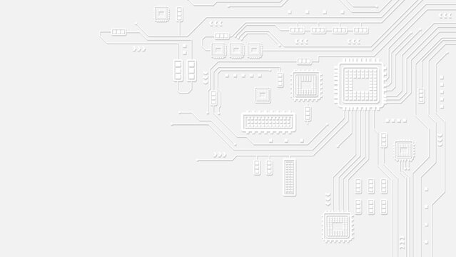 White circuit board background with embossed technology lines and geometric microchip patterns