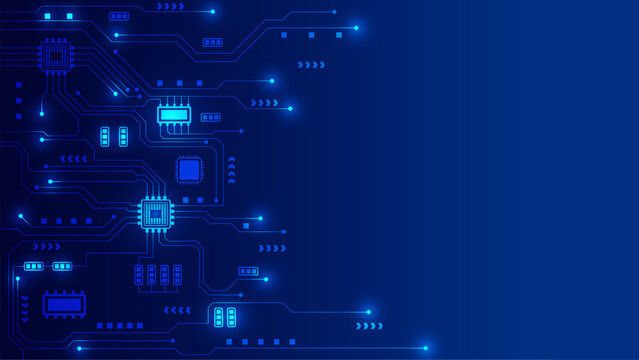 Futuristic blue technology background with glowing digital circuit board lines and microchips