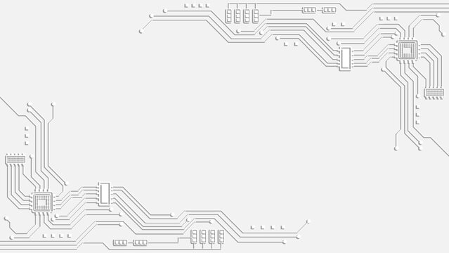 White circuit board background with embossed technology lines and geometric microchip patterns