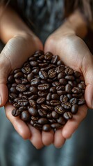 A person is holding a handful of coffee beans. The beans are small and brown, and they are being held between the person's fingers. Concept of warmth and comfort