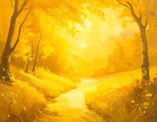 A vibrant golden pathway leads through an autumn landscape filled with trees bathed in sunlight. Gentle hills reside in the background